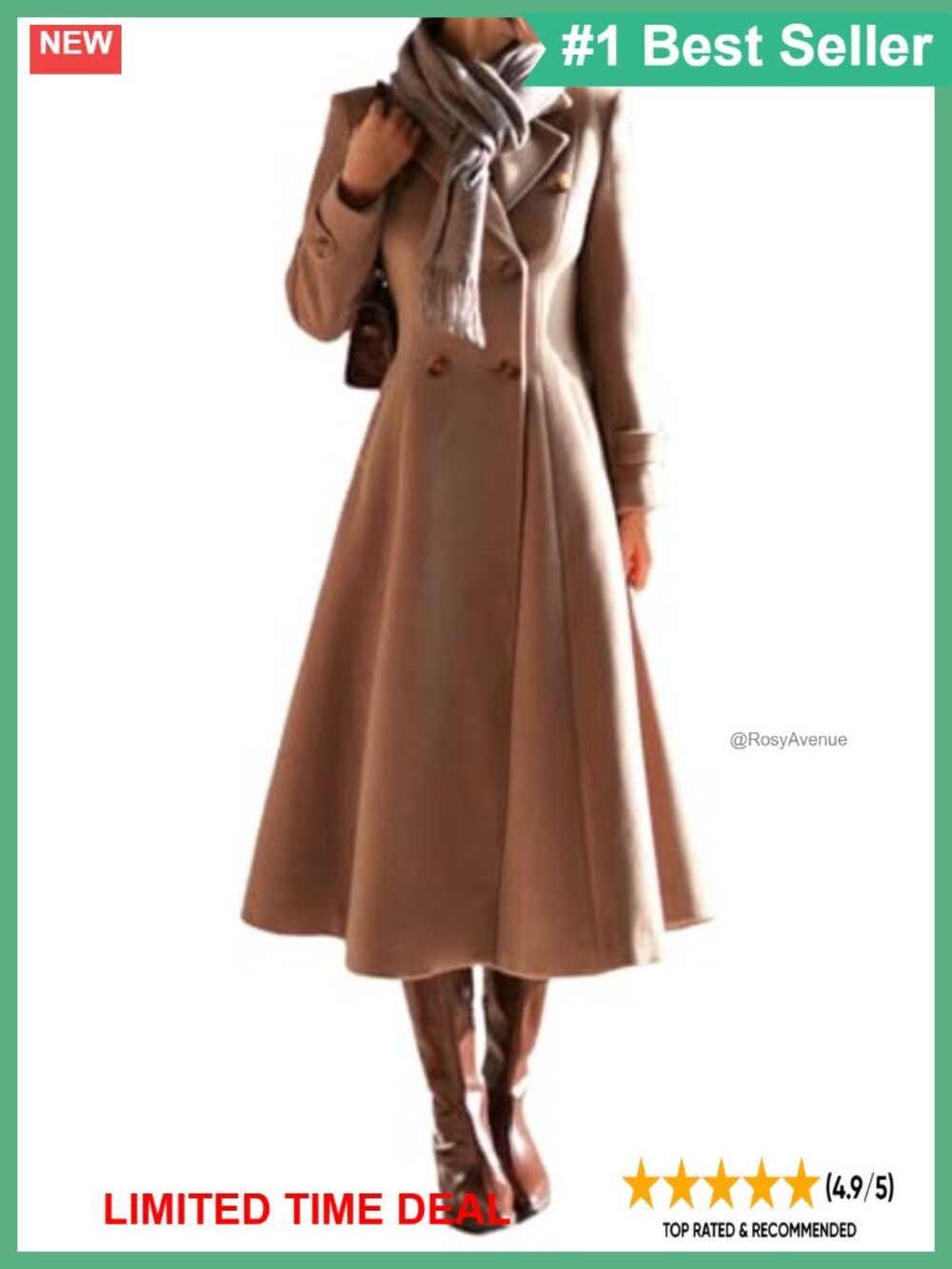 Women's Long Wool Blend Pea Coat Double Breasted Trench Coat Winter